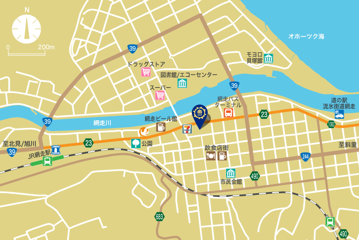 網走セントラルホテルへの地図